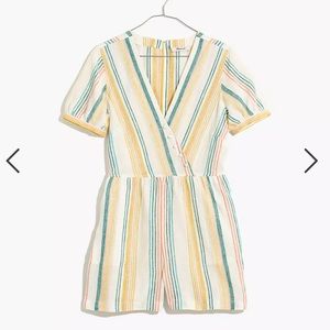 Linen Button-Wrap Romper in Stripe Size 8